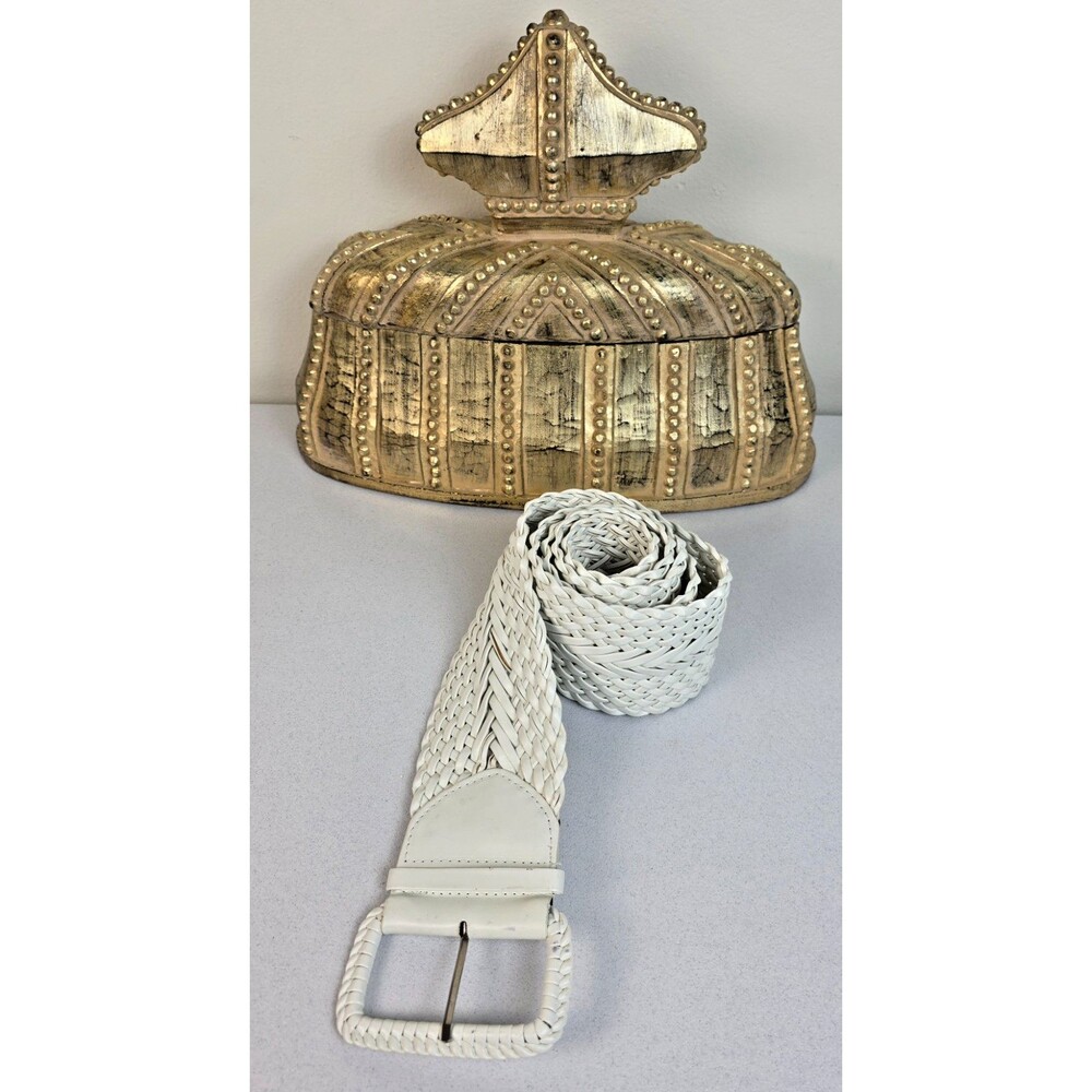 Women's Plus Size White Woven Leather 3.75" Wide Completely Adjustable Belt 2-3X